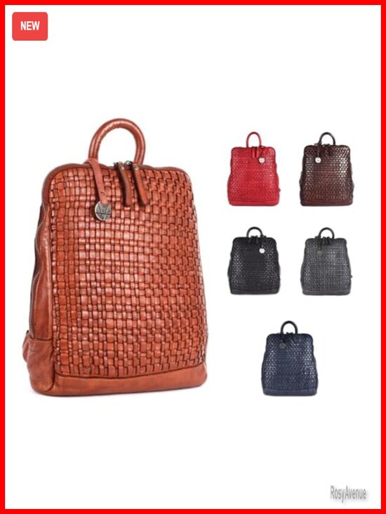 Genuine Leather Backpack Women Men Vintage Woven Travel Daypack with YKK Zipper